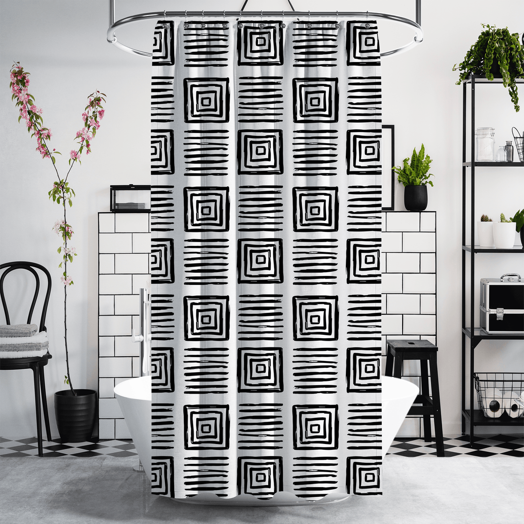 Tribal Squares Black and White Boho Shower Curtain - The Boho Berry