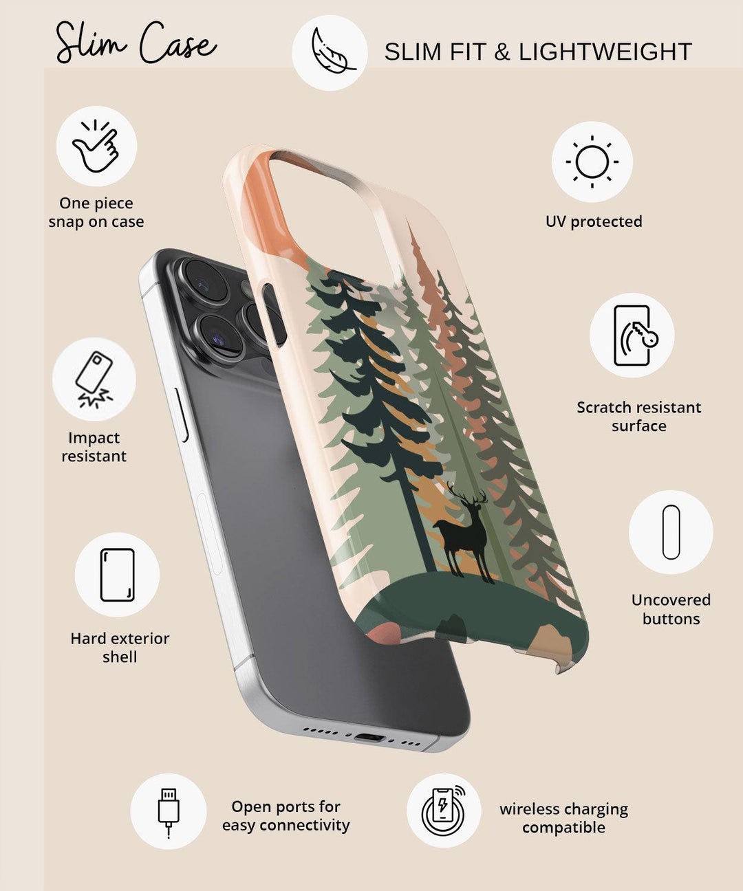 a phone case with a deer and trees on it
