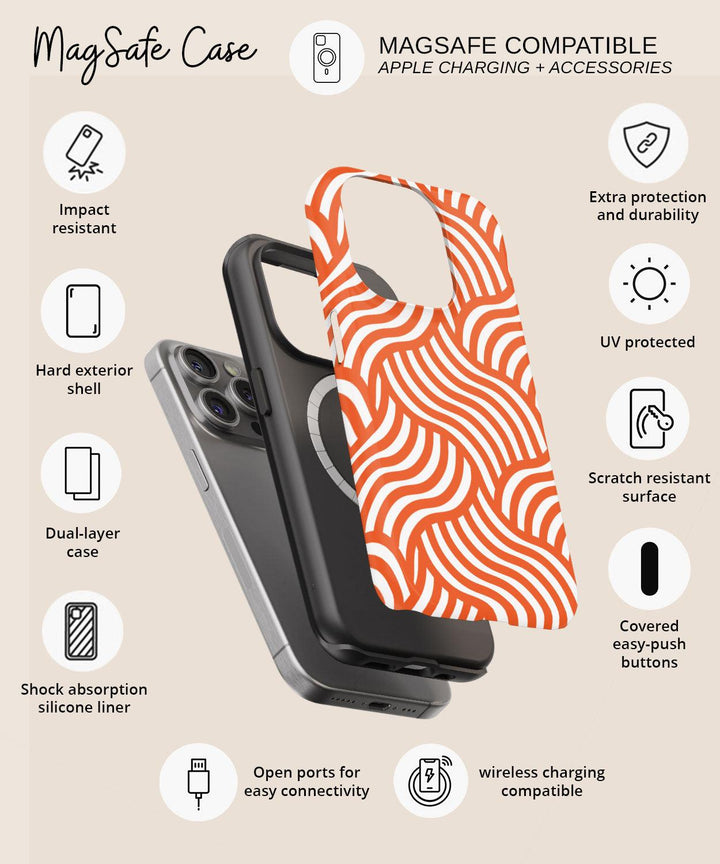 a phone case with an orange and white pattern on it