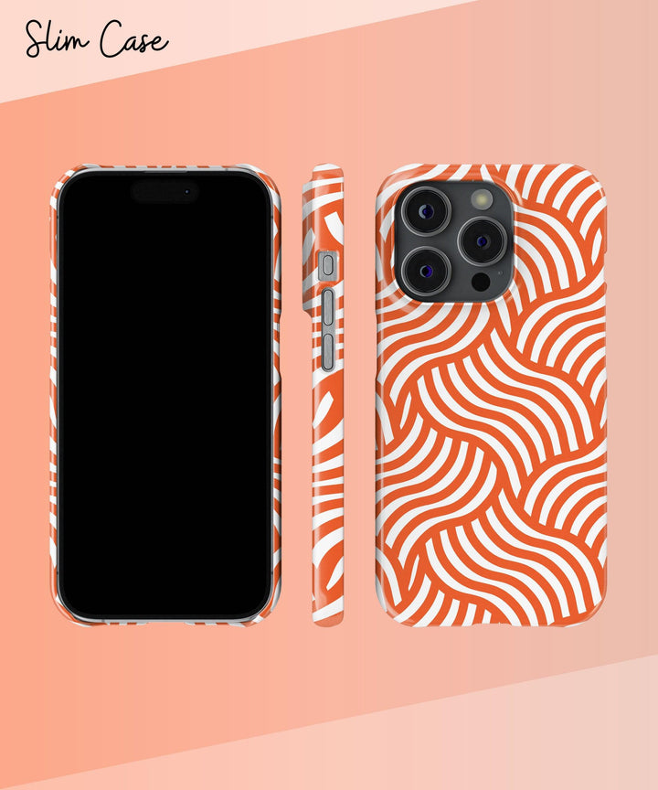 a cell phone case with an orange and white pattern