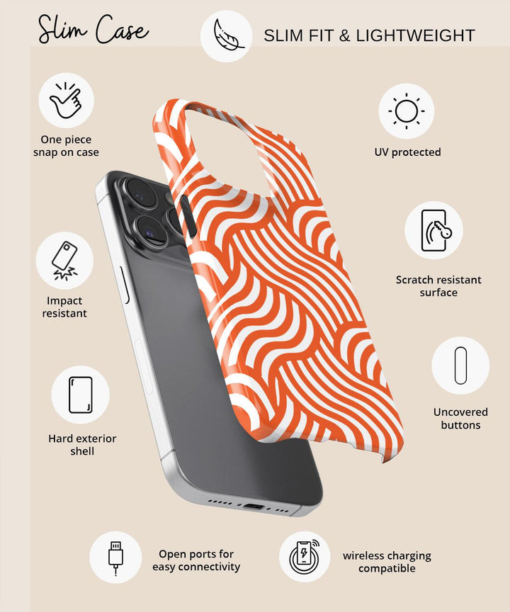 a cell phone case with an orange and white pattern